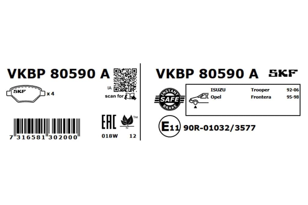 Jogo de 4 pastilhas de travão SKF ref. VKBP 80590 A